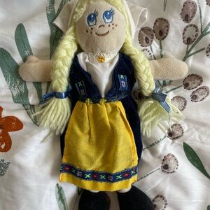 European Milkmaid Doll with Yellow Dress and Blue Vest